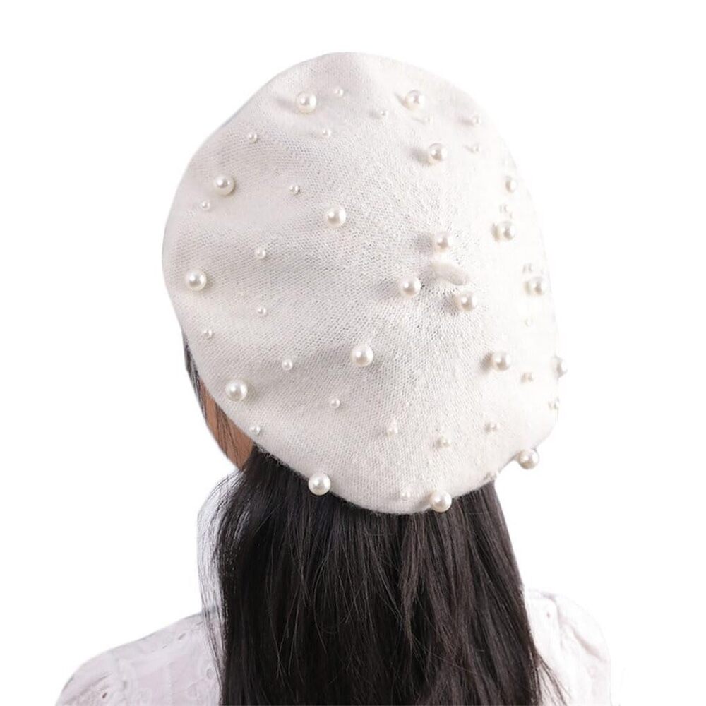 6656 Women Girls Beaded Pearl Rhinestone Wool French Beret Hat Winter Artist